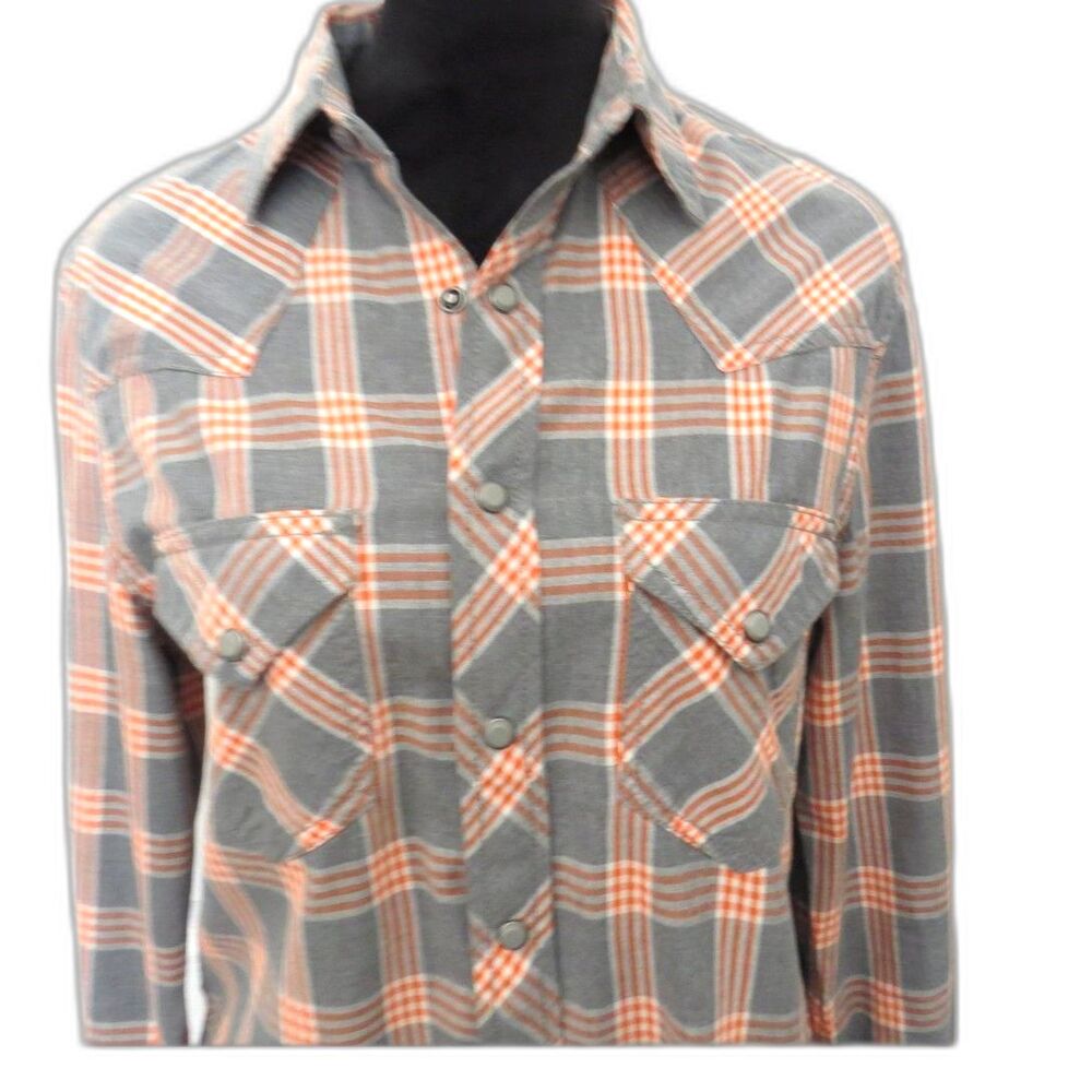 billy T Women's Mixed Media Split-back Plaid Western Shirt Gray/Peach L EUC - Picture 3 of 13